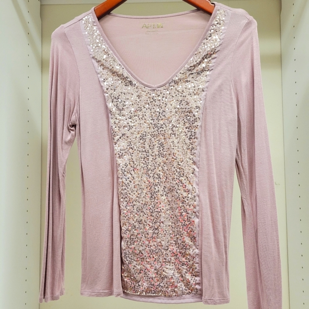 Apt 9 Womens Pink Size Medium Long Sleeve Sequined Lightweight Top / Shi…